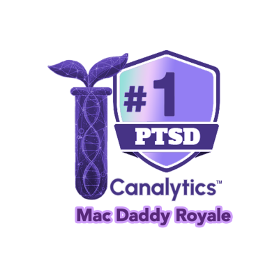 Canalytics badge for #1 PTSD strain, "Mac Daddy Royale"