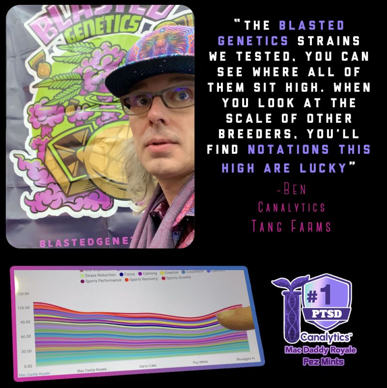 Ben from Tang Farms face next to Blasted Genetics banner alongside his quote regarding Blasted Genetics strains.